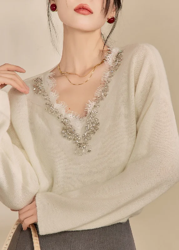 Versatile Itinerary DIY Beige V Neck Lace Patchwork Cozy Cotton Knit Sweaters Winter