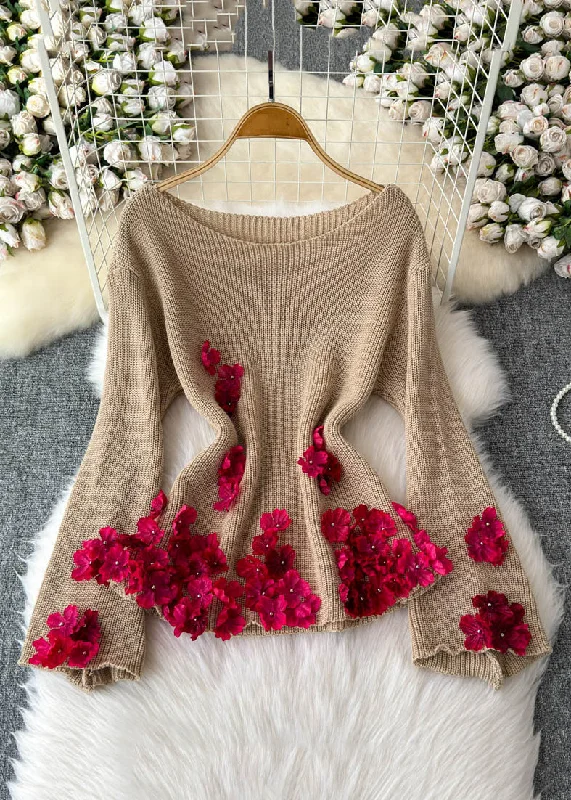 Warm Layers Loose Khaki Floral Patchwork Knit Pullover Sweater Flare Sleeve