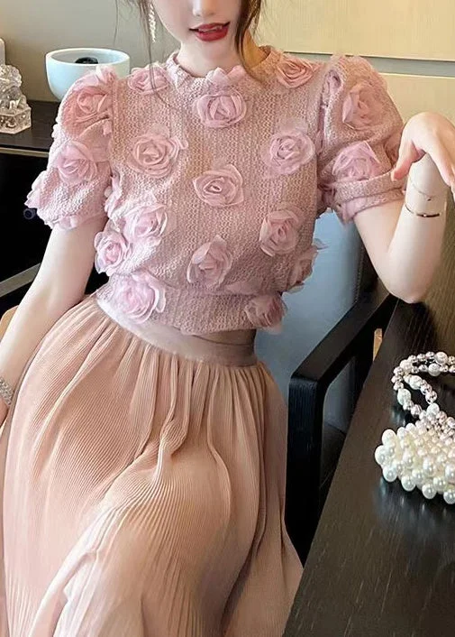 Fresh Comfort Beautiful Pink Floral Hollow Out Knit Top Summer