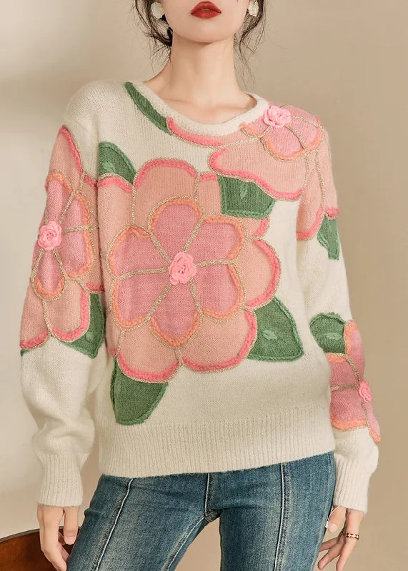 Smart Comfort Beautiful Pink Floral Patchwork Cozy Cotton Knit Sweaters Fall