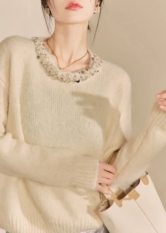 Classic Style Chic Apricot O Neck Nail Bead Woolen Sweater Tops Fall