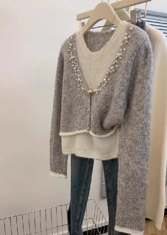 Elegant Casuals Stylish Grey Pearl False Two Pieces Knit Sweaters Winter
