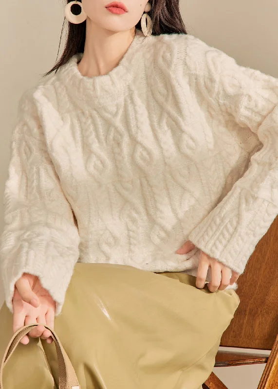 Elegant And Noble Italian Beige O Neck Thick Cable Knit Sweaters Fall