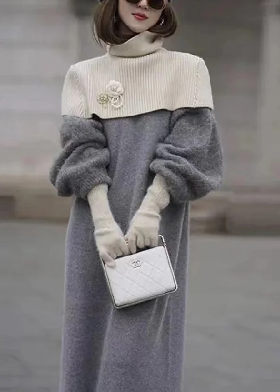 Relaxed Jackets Italian Grey O Neck Woolen Sweater Dress Lantern Sleeve