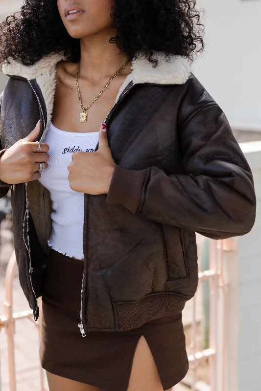 British Style Sherpa Lined Vegan Leather Bomber Jacket