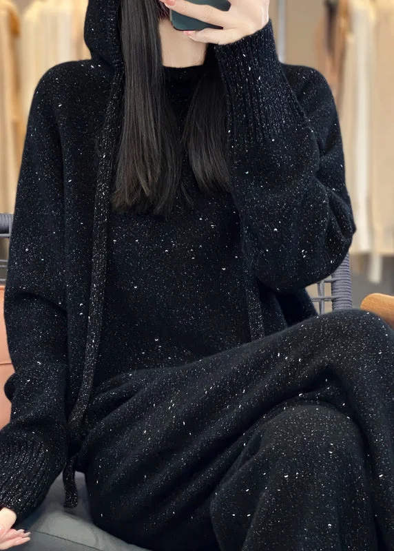 Street Cool Organic Black Hooded Sweaters And Pants Woolen Two Pieces Set Fall