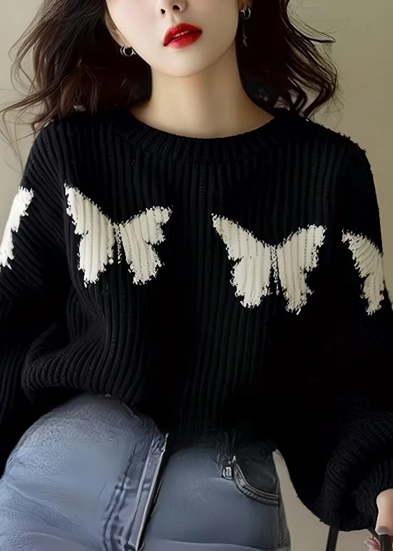Tropical Style Loose Black Butterfly Print Knit Sweater Winter