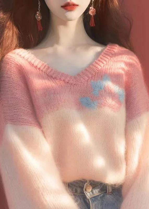Urban Comfort New Pink V Neck Patchwork Knit Sweaters Winter