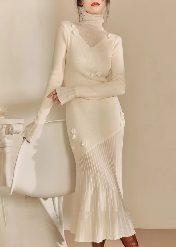 Outdoor Trend Women White Hign Neck Patchwork Slim Fit Knit Sweater Dress Fall