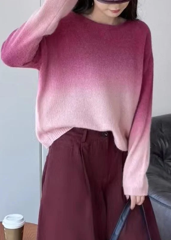Design Perception Gradient Color Pink O-Neck Cotton Knit Sweaters Winter