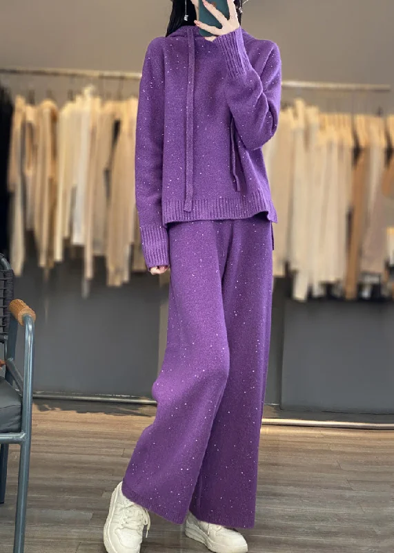 Elegant Wear Stylish Purple Drawstring Hooded Cotton Knit Sweaters And Wide Leg Pants Two Piece Set Winter