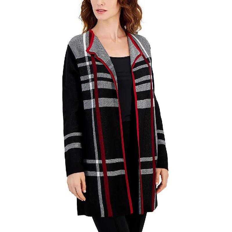 Versatile Casuals Kasper Womens Petites Plaid Edge to Edge Cardigan Sweater