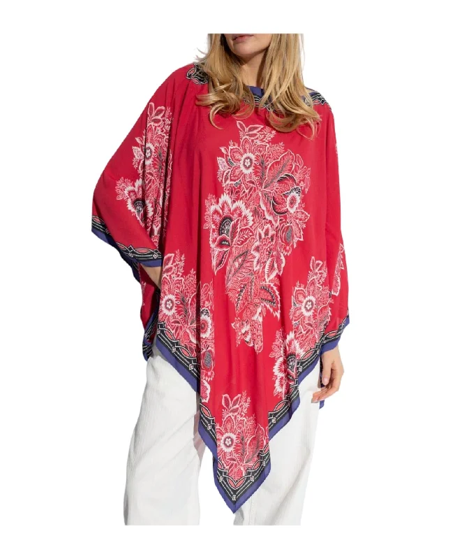 College Style Floral Printed Asymmetric Poncho In Red Multi