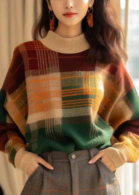 Warm Atmosphere French Plaid Cozy Patchwork Wool Knit Sweaters Winter