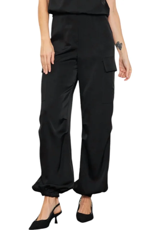 Modern Comfort Satin Cargo Pants In Black