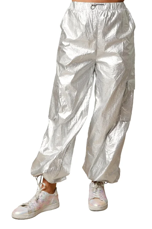 Warm Layers Shiny Foil Parachute Pants In Silver