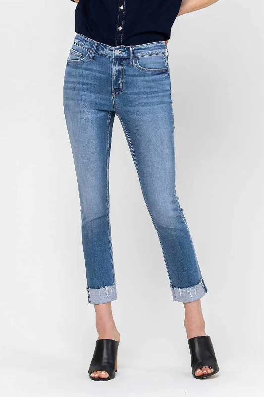 Relaxed Chic Janet Mid Rise Cuffed Cropped Straight Jeans In Blue