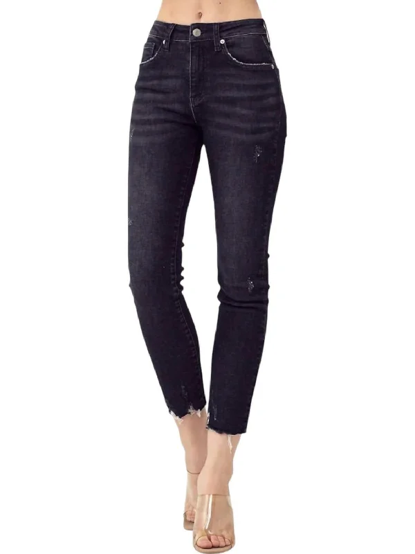 Trendy Comfort Mid Rise Raw Hem Jeans In Black Denim