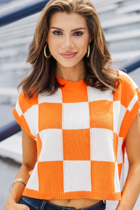 Simple And Comfortable Sing Along Orange Checkered Sweater