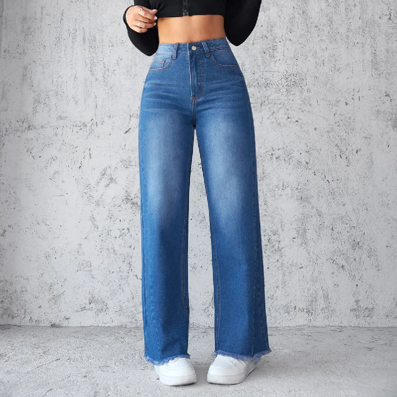 Comfortable Lounge Wear Fashion Straight Wide Leg Jeans Casual High Waist Non Elastic Women's