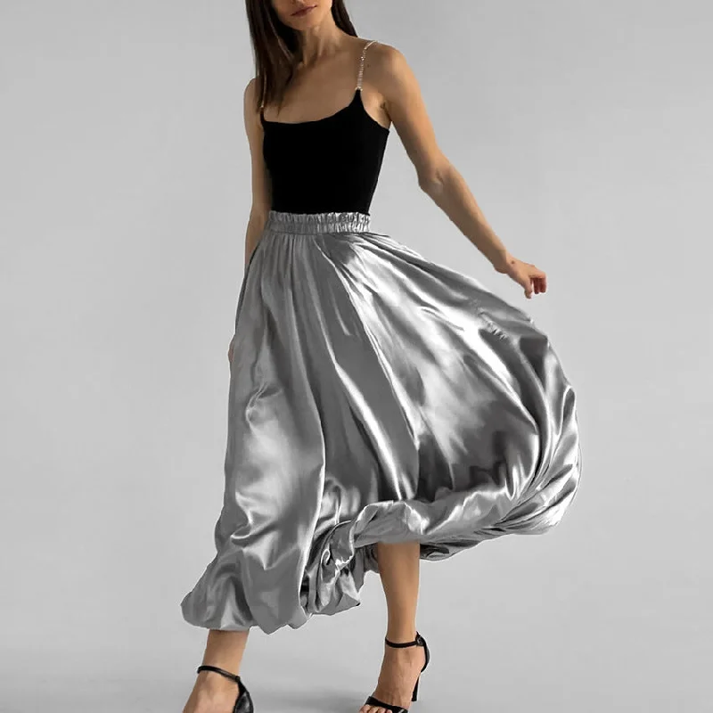 Easy Wear Chic Fashion Silver Bud Skirt European And American Design High Waist A- Line Skirt
