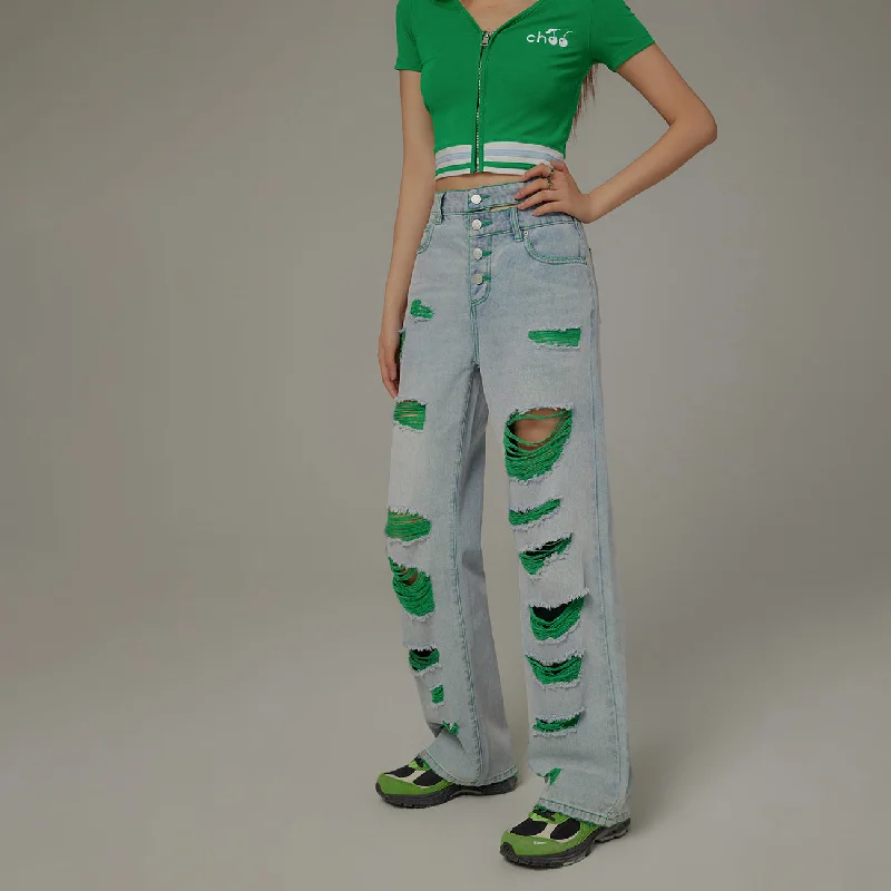 Relaxed Looks Distressed Ripped Color Multi Buttons Denim Jeans