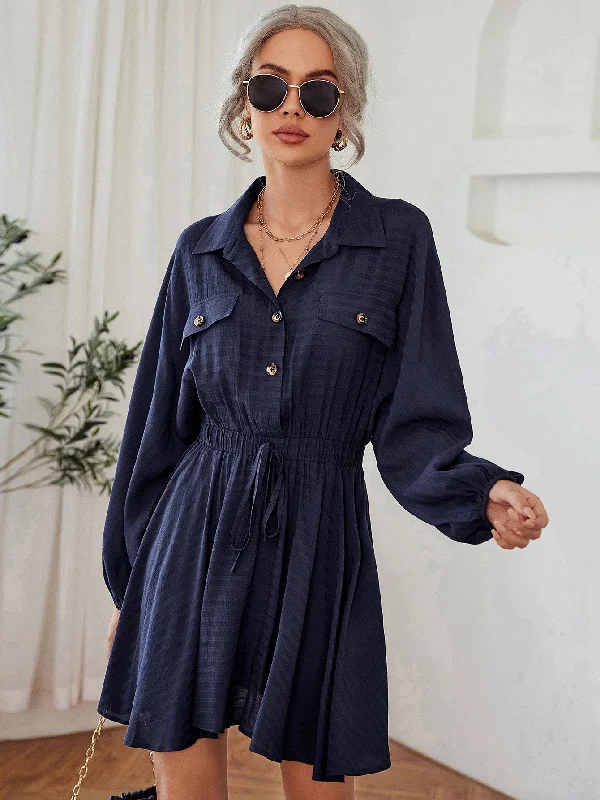 New Design Plain Knot Long Sleeve Collar Flared Natural Short Dress