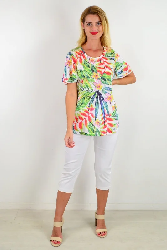 Embroidered Letters Frangipani Floral Tunic Tee
