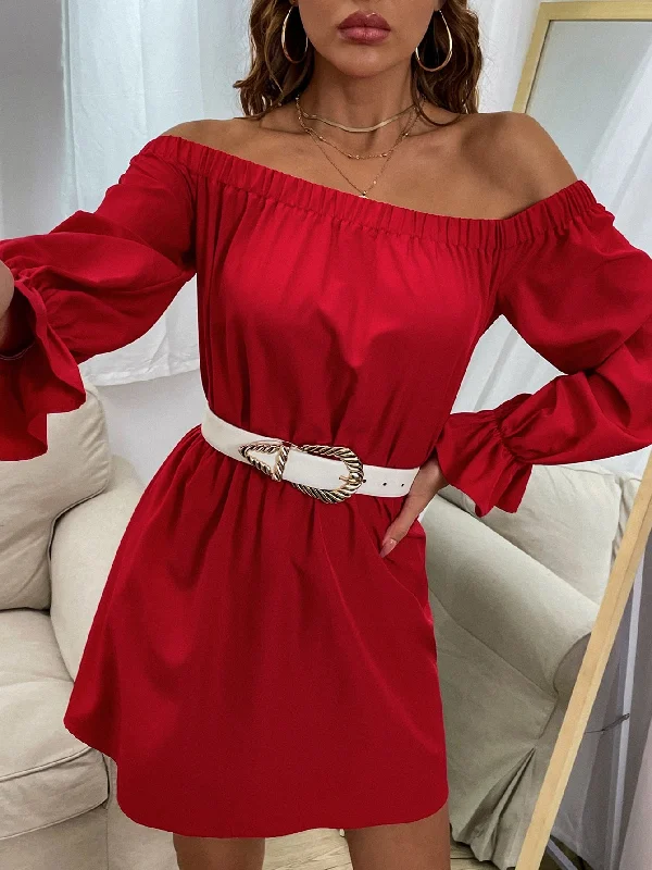 Cool Style Plain Frill Long Sleeve Off The Shoulder Flared Natural Short Dress