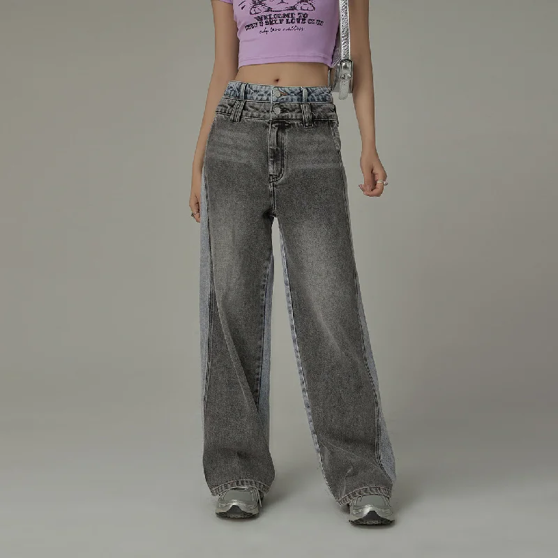 Relaxed Tops High Waist Colorblocked Double Button Illusion Straight Jeans