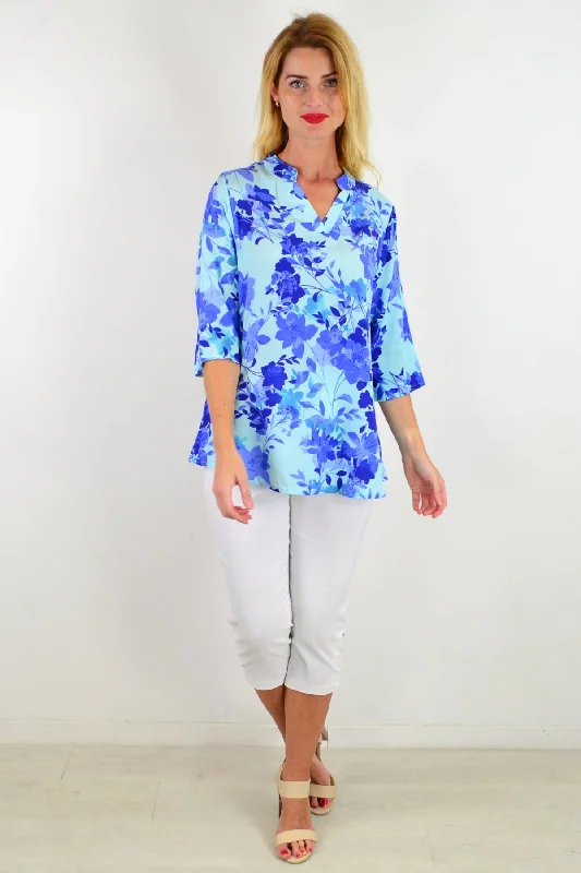 Fashion Elements Blue Pop Of Colour Floral Tunic Top
