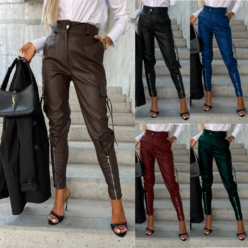 Comfy Layers Fall Winter Fashion Slim PU Leather Waist Skinny Trousers Pockets