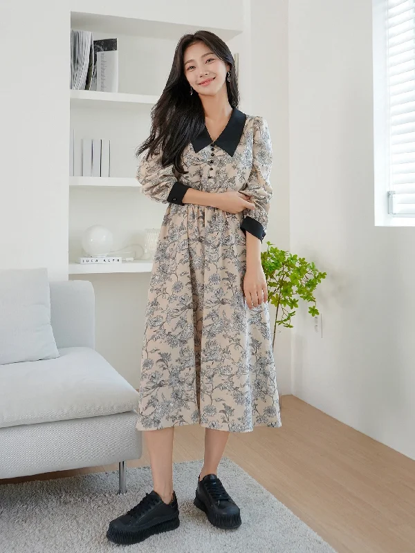 Sports Trend All Over Print Long Sleeve Collar Flared High Waist Midi Dress