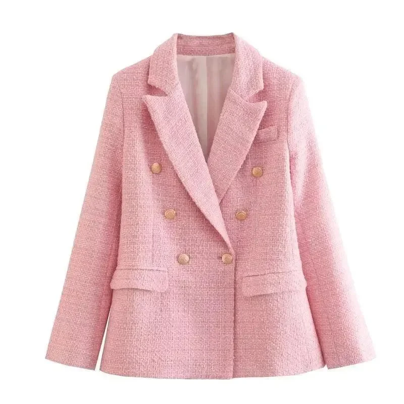Retro Prints Blended Double Breasted Tweed Blazer Women