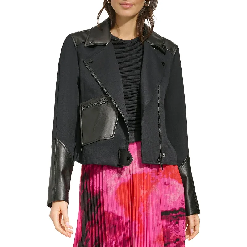 High-end Fashion DKNY Womens Mixed Media Asymmetric Motorcycle Jacket