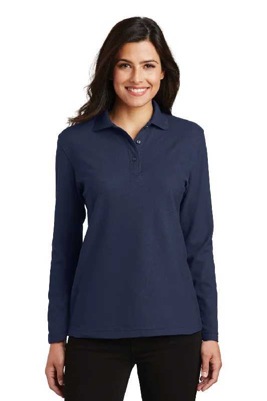 Fashion Touch Port Authority Womens Silk Touch Wrinkle Resistant Long Sleeve Polo Shirt - Navy Blue Fashion Touch Port Authority Womens Silk Touch Wrinkle Resistant Long Sleeve Polo Shirt - Navy Blue