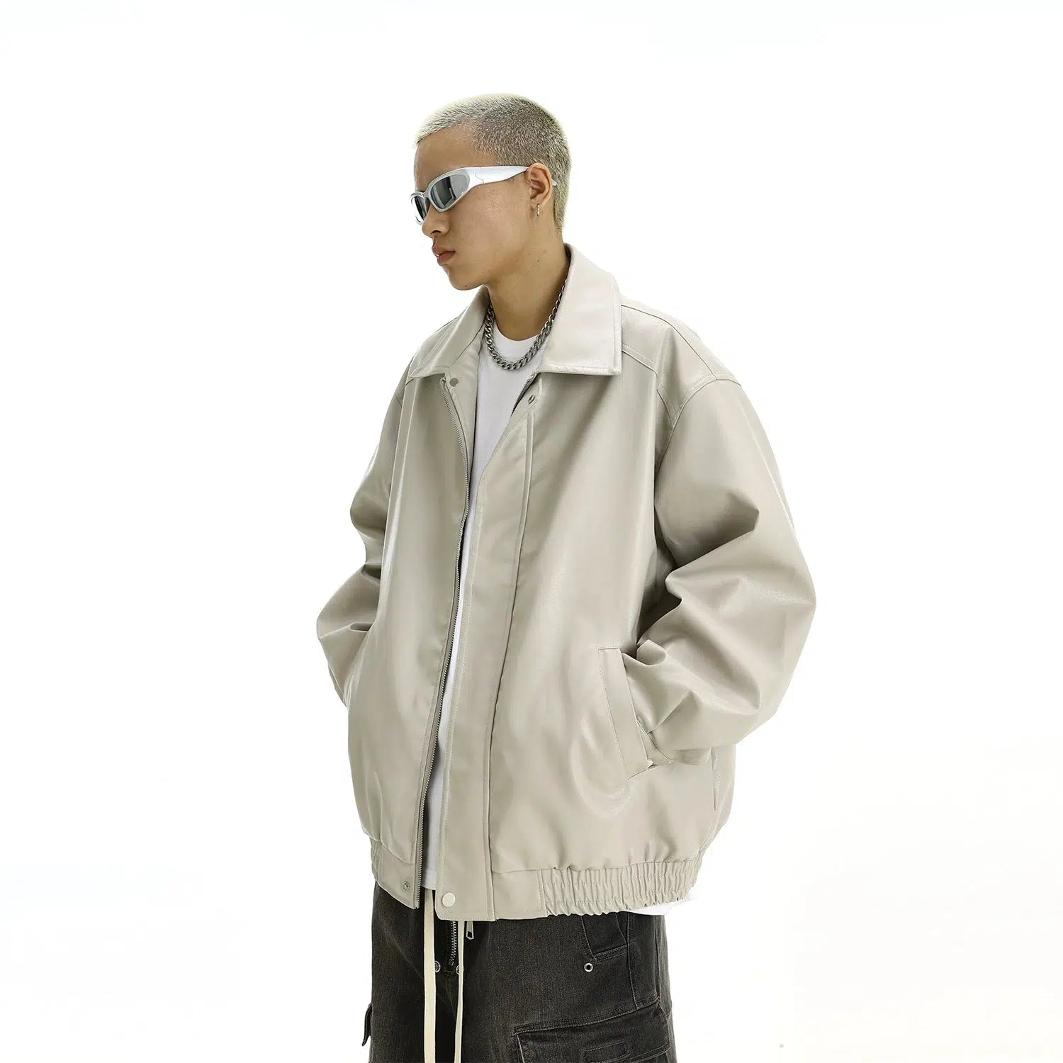 Slim Fit Elastic Waistband Leather Jacket