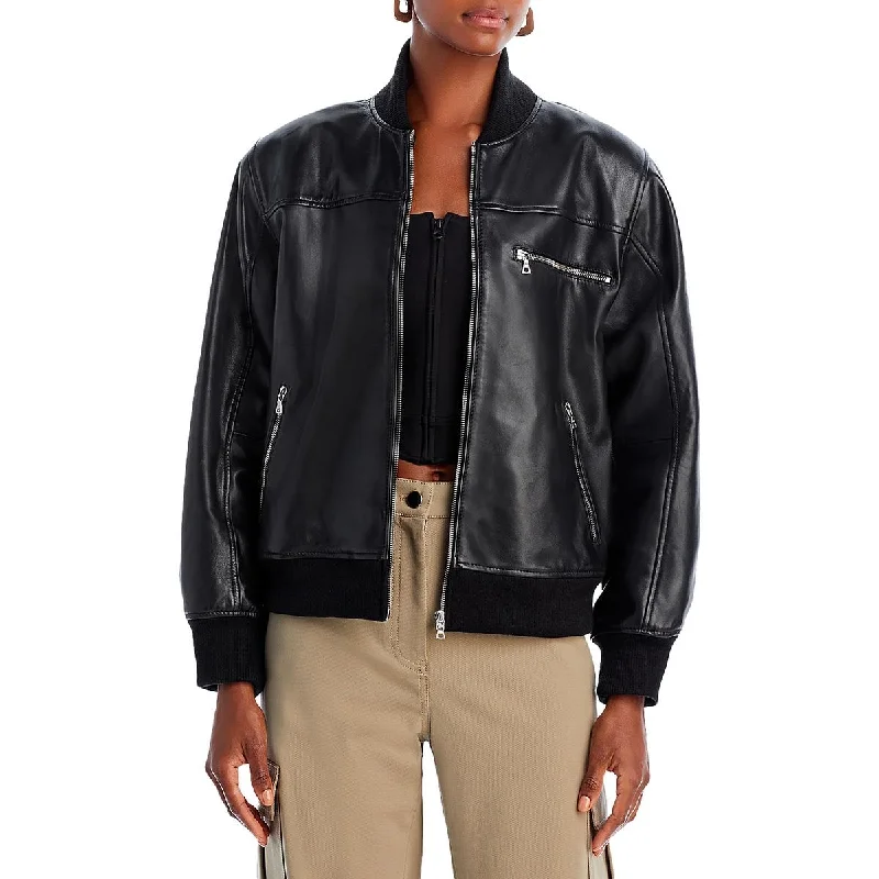 Luxury Fashion Sea New York Womens Lamb Leather Ribbed Trim Leather Jacket