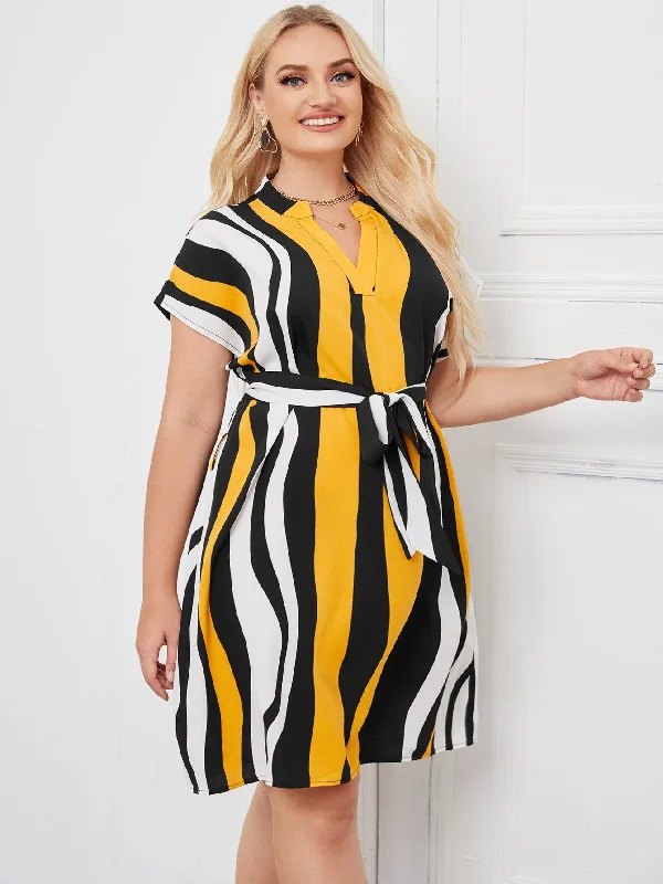 Casual And Comfortable Casual Striped Belted Short Sleeve Notched Straight Natural Short Plus Size Dress