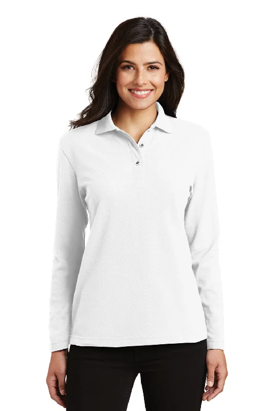 Classic Design Port Authority Womens Silk Touch Wrinkle Resistant Long Sleeve Polo Shirt - White