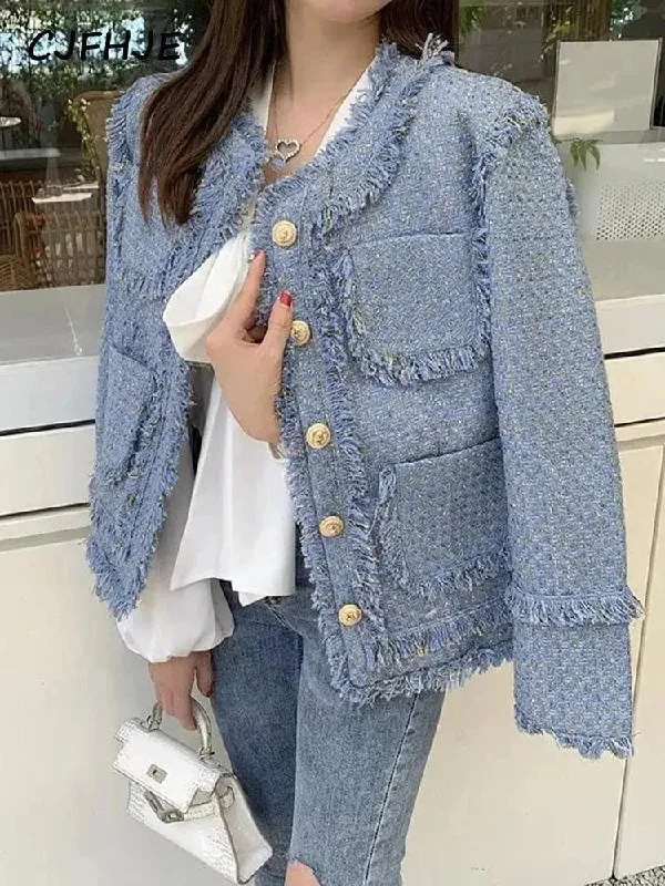Personal Design Elegant Blue Tassel Tweed Jacket Women