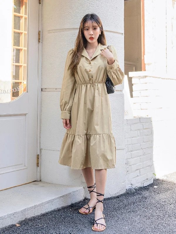 Must-have For Autumn And Winter Plain Button Long Sleeve Collar Flounce High Waist Midi Dress