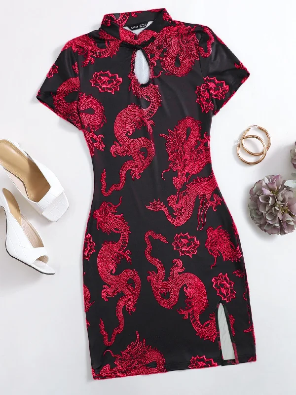European And American Style Elegant Animal Cut Out Short Sleeve Mandarin Collar Pencil Natural Short Plus Size Dress European And American Style Elegant Animal Cut Out Short Sleeve Mandarin Collar Pencil Natural Short Plus Size Dress