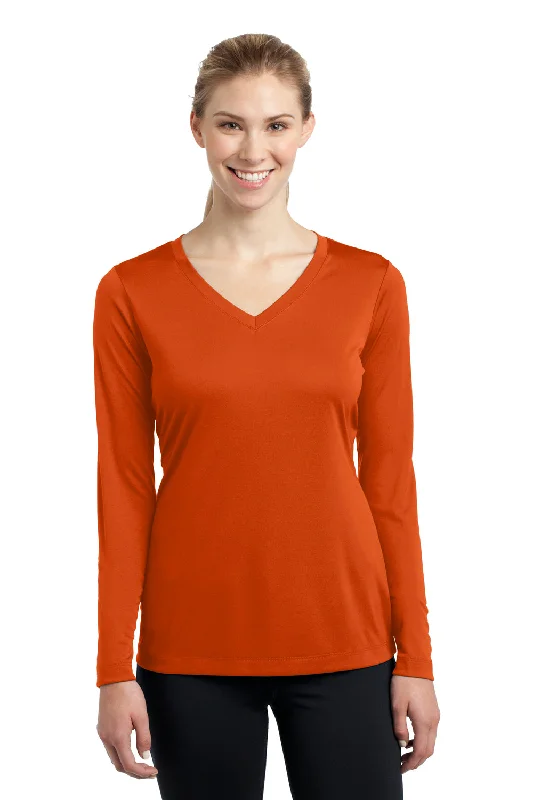 Fashion And Simplicity Sport-Tek Womens Competitor Moisture Wicking Long Sleeve V-Neck T-Shirt - Deep Orange - Closeout Fashion And Simplicity Sport-Tek Womens Competitor Moisture Wicking Long Sleeve V-Neck T-Shirt - Deep Orange - Closeout