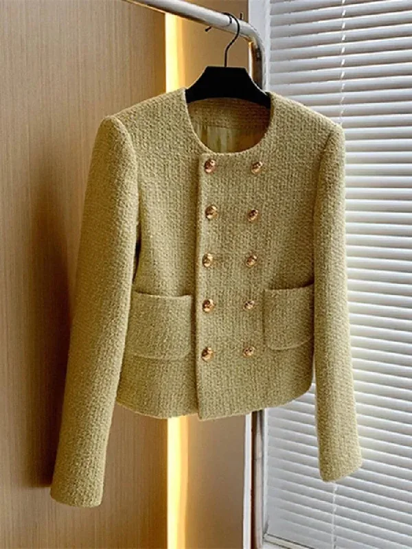 Street Fashion Double Breasted Women Cropped Tweed Jacket