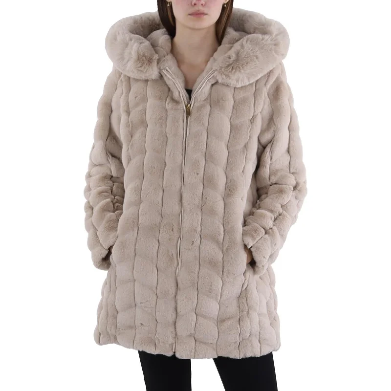 Fashion Touch Via Spiga Womens Faux Fur Hooded Faux Fur Coat