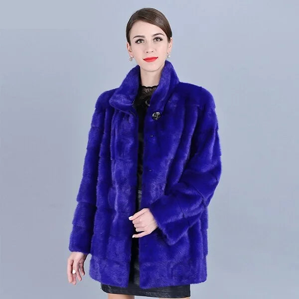 Simple Design Women's Winter Warm Genuine Mink Fur Silk Cotton Thick Striped Jackets