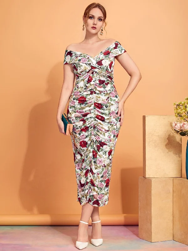 Youthful Elegant Floral Twist Short Sleeve Off The Shoulder Pencil High Waist Long Plus Size Dress Youthful Elegant Floral Twist Short Sleeve Off The Shoulder Pencil High Waist Long Plus Size Dress