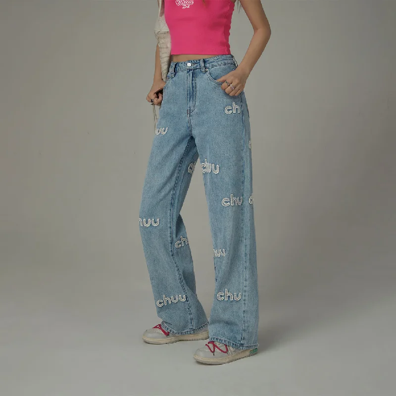 Simple Looks Embroidered Lettering Straight Jeans