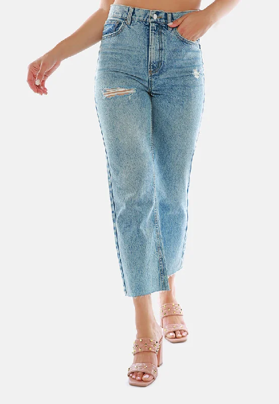 Cozy Lounge Wear Ripped Raw Hem Washed Jeans Pants